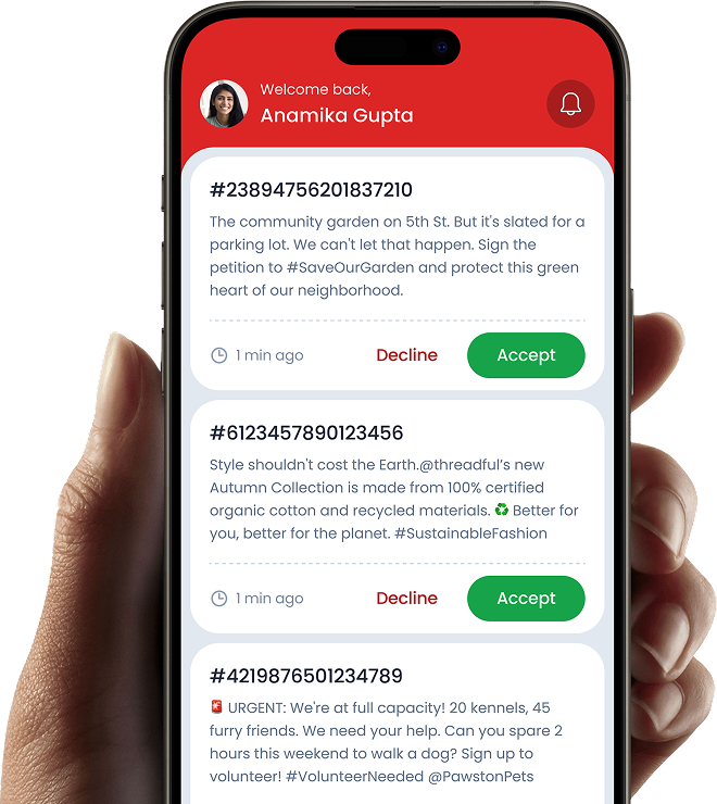 RedCell Social mobile app interface – human-powered X/Twitter campaign management